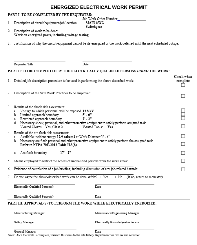 Creating Energized Electrical Work Permits