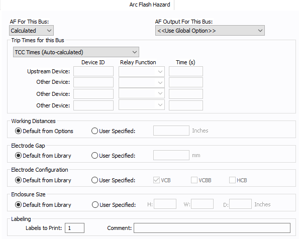 The Arc Flash tab of a Bus Data dialog box is shown.