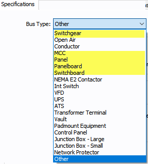 The Bus Types Switchgear, MCC, Panel, Panelboard, and Switchboard are highlghted. 
