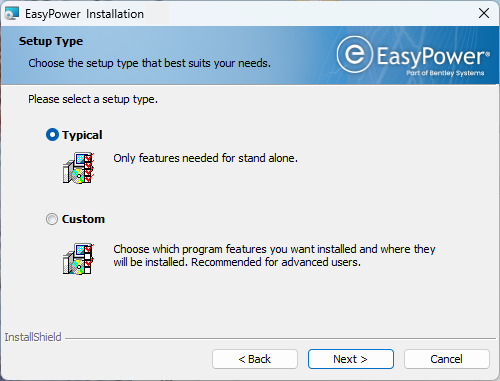 The Setup Type dialog box with the Typical option selected. The Next button is availalble. 