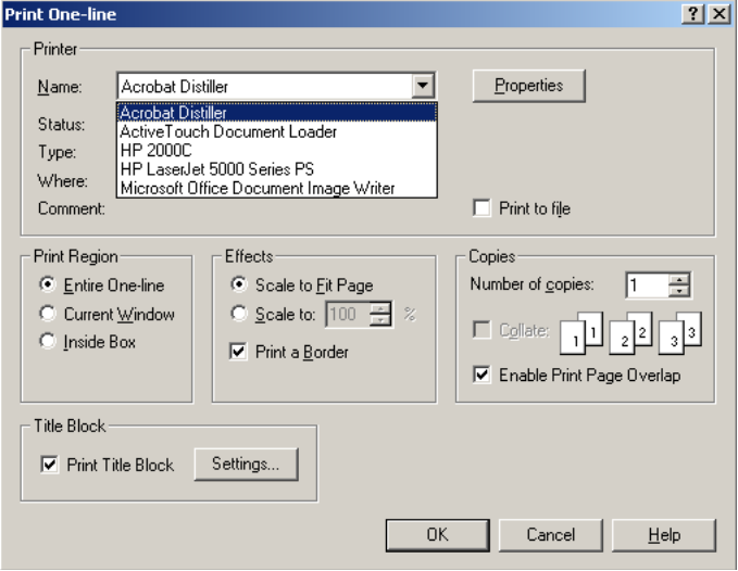The Print One-line dialog box is shown. Under Printer Name, Acrobat Distiller is selected.