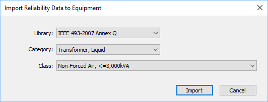 The Import Reliability Data to Equipment dialog box includes options to select the Library, Category, and Class. 