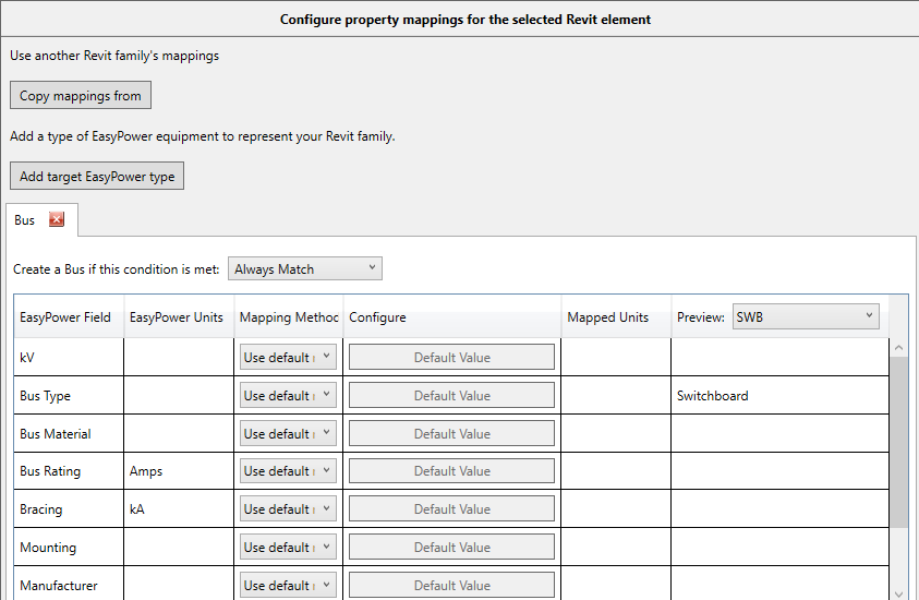 The Bus tab is shown. The Create a Bus if this condition is met option is set to Always Match.
