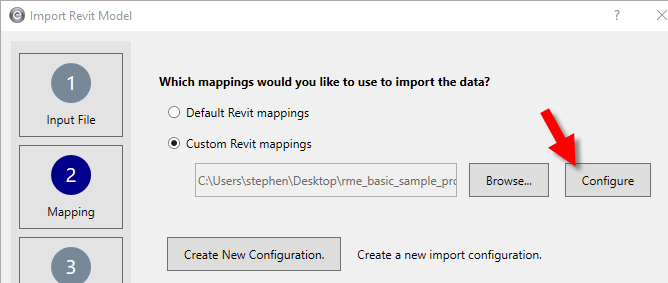 On the Mapping tab of the Import Revit Model dialog box, the Configure button is highlighted. 