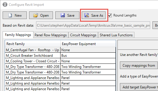 In the Configure Revit Import dialog box, the Save As button is highlighted.