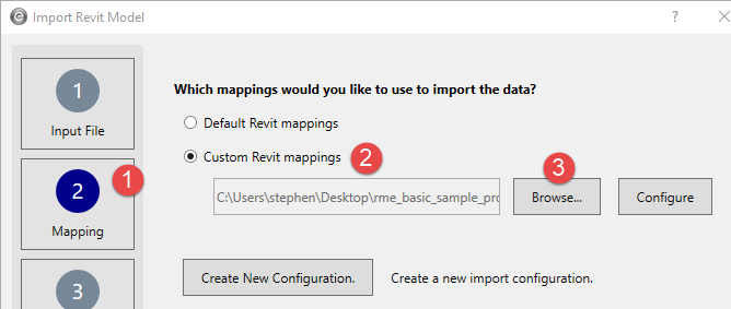 The Import Revit Model dialog box is shown with the Mapping tab selected. A 1 is shown next to the Mapping tab. A 2 is shown next to the Custom Revit mappings option. A 3 is shown next to the Browse button.