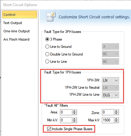 Fault type options for single-phase buses are shown.