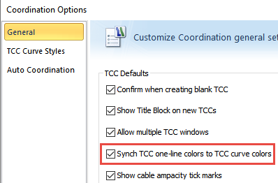 The option to Synch TCC one-line colors to TCC curve colors is shown on the General tab of the Coordination Options dialog box.