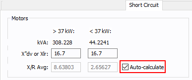 The Auto-calculate checkbox is shown on the Short Circuit tab of an MCC that uses metric units.