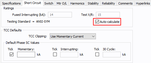 The Auto-calculate checkbox is shown on the Short Circuit tab of a fuse.