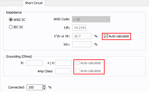 The Auto-calculate checkboxes are shown on the Short Circuit tab of a motor.