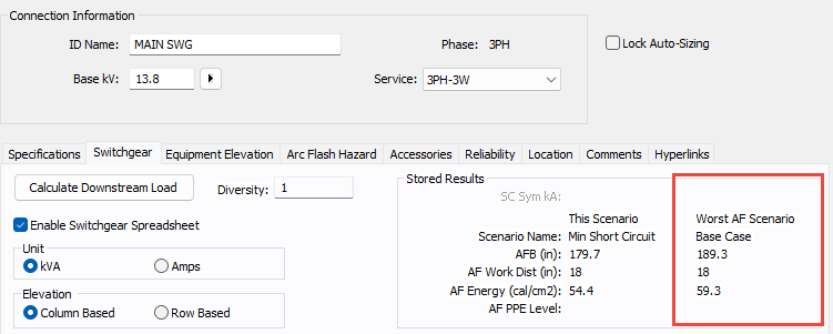 The worst arc flash scenario information on a bus are shown.