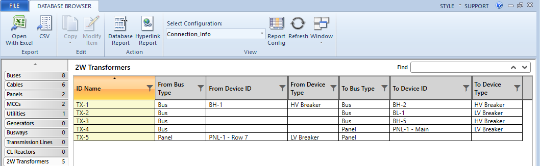 From and To columns are shown in the Database Browser for two-winding transformers.