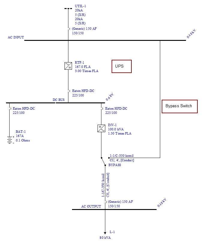 显示带有电池储能(UPS)的单线图直流环节逆变器样例