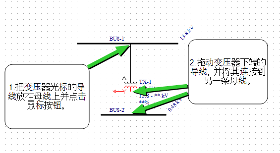 BUS-1带有变压器符号。变压器的已连接部分为黑色。变压器的未连接部分为红色。变压器和BUS-2之间有间隙。