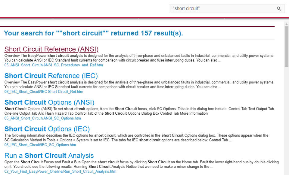 搜索框中显示“short circuit”词语。结果中显示相关主题列表。