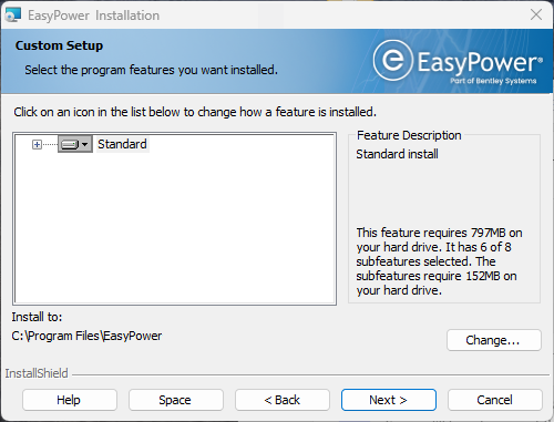 在EasyPower安装对话框中，标准图标突出显示，下一步按钮可用。