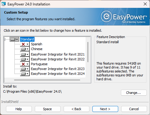 标准图标展开，列出西班牙语、中文和EasyPower Integrator for Revit等功能。