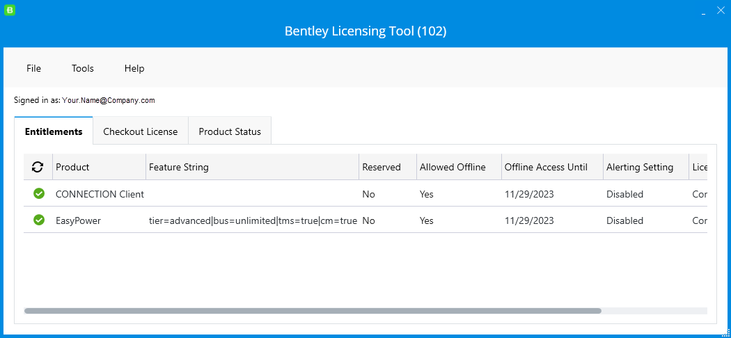 Bentley Licensing Tool显示授权选项卡，并列出CONNECTION Client和EasyPower。