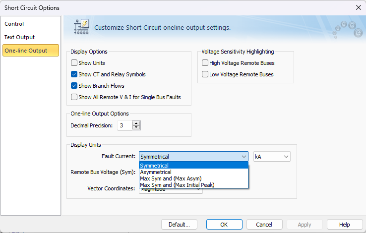 显示短路选项的单线图输出选项卡中的故障电流单位。