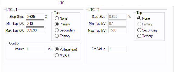 显示三绕组变压器数据对话框的LTC（负载分接开关）选项卡。