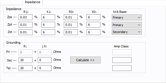 显示三绕组变压器数据对话框的阻抗选项卡。