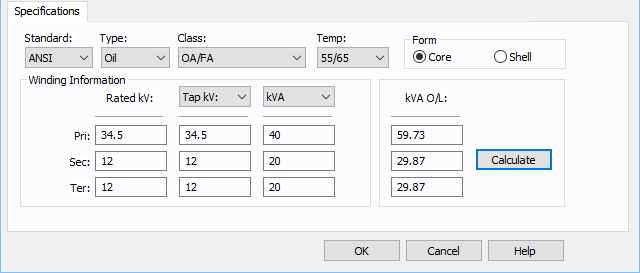 显示三绕组变压器数据对话框的规格选项卡。