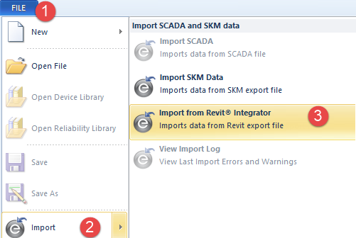 文件选项卡旁边显示数字1。导入命令旁边显示数字2。从Revit Integrator导入命令旁边显示数字3。