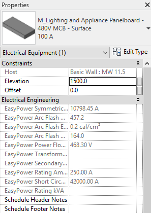 显示Revit中的属性窗格。在电气工程下面显示EasyPower值。