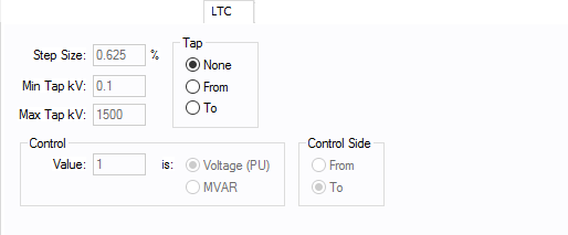 显示双绕组变压器数据对话框的LTC（负载分接开关）选项卡。