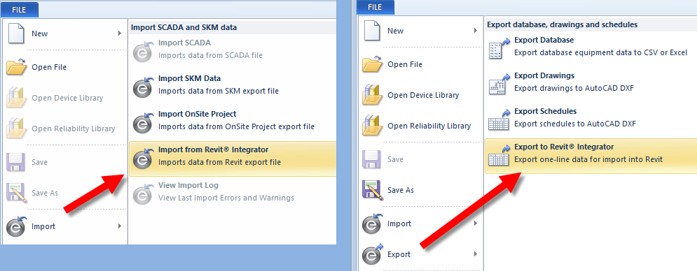 EasyPower文件菜单中显示导入和导出到Revit Integrator命令。