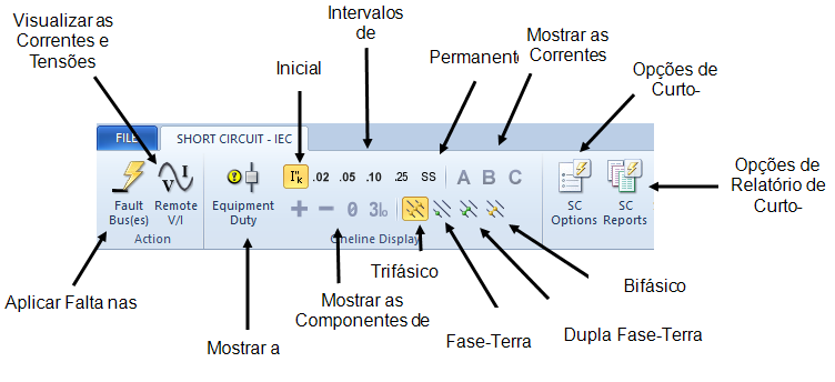 As opções do menu de curto-circuito IEC são exibidas.