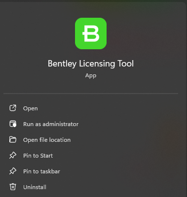 O aplicativo Ferramenta de licenciamento da Bentley exibido no menu Iniciar do Windows.