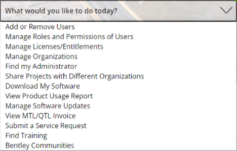 Tarefas dentro do Connect Center, incluindo Adicionar ou Remover usuários, Encontrar meu administrador, entre outras.