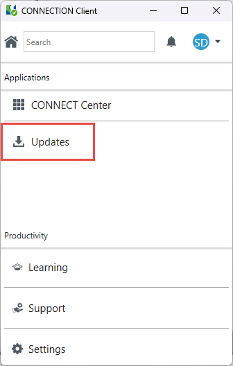 O aplicativo CONNECTION Client com uma caixa vermelha desenhada ao redor do item do menu Atualizações.