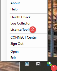 O número 1 ao lado de CONNECTION Client na Barra de tarefas do Windows e o número 2 ao lado do item do menu de Ferramenta de licença.