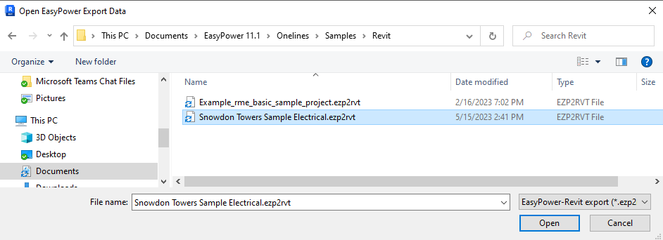 Na caixa de diálogo Dados da exportação do EasyPower, o nome do arquivo de exportação é exibido.
