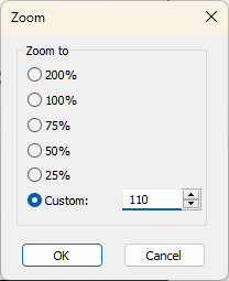 A caixa de diálogo Zoom é exibida com uma configuração Personalizada de 110%.