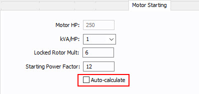 A caixa de seleção Calcular automaticamente é exibida na guia Partida de motor de um motor.