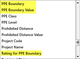 Se resalta una lista de variables para etiquetas de arco eléctrico, incluida Frontera de PPE, Valor de frontera de PPE y Clasificación para la frontera de PPE.