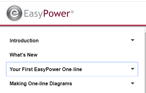 Se muestra el menú Ayuda de EasyPower con el tema Su primer diagrama unifilar de EasyPower seleccionado.