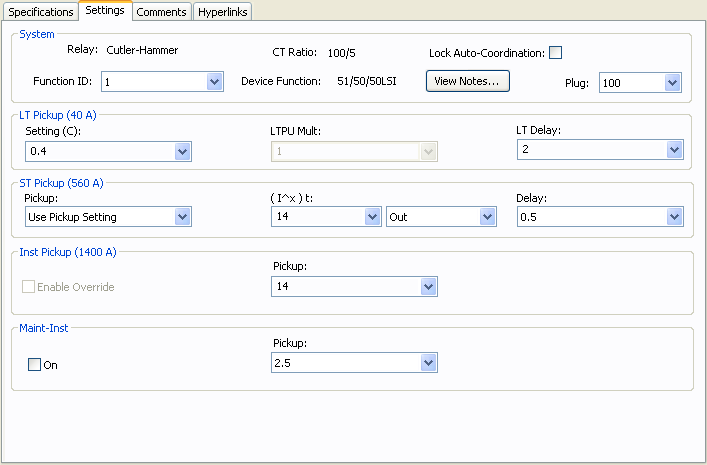 Se muestra la pestaña Configuración para el cuadro de diálogo Datos de relé para unidades de disparo de acción directa (DAT).