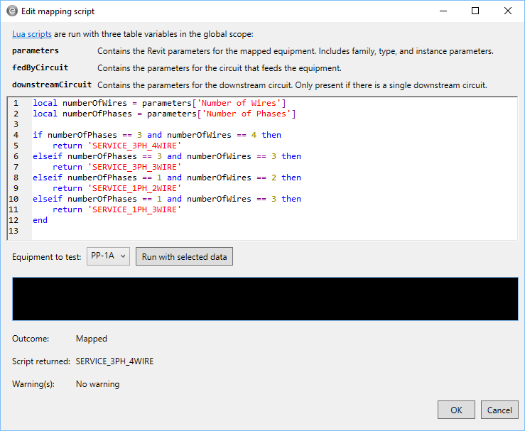 Se muestra el cuadro de diálogo Editar script de asignación con la opción Ejecutar y el botón de datos seleccionados disponible.