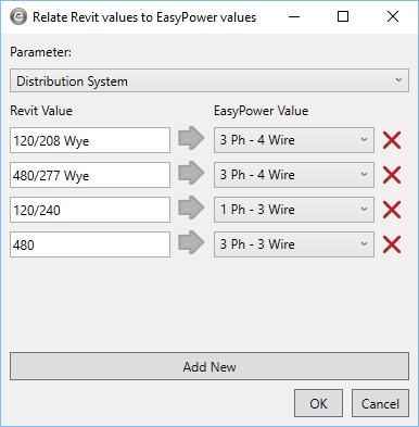 Se muestra el cuadro de diálogo Relacionar los valores de Revit con los valores de EasyPower para los parámetros de Sistema de distribución.