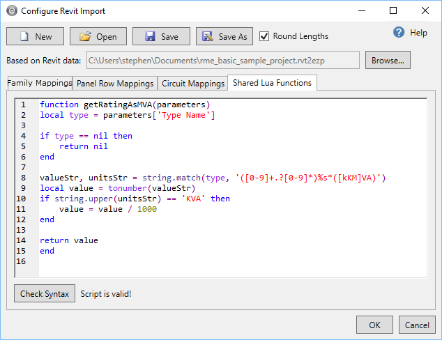 Se muestra la pestaña Funciones de Lua compartidas del cuadro de diálogo Configurar importación de Revit.