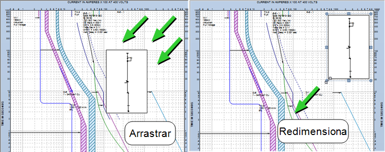 La imagen de la izquierda muestra el diagrama unifilar que se arrastra en el gráfico de TCC. La imagen de la derecha muestra una flecha verde que indica que arrastró la esquina para cambiar el tamaño del diagrama unifilar.