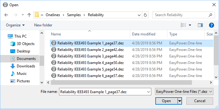 Se muestra el cuadro de diálogo Abrir con una lista de bases de datos de confiabilidad de ejemplo.