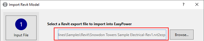 El cuadro de diálogo Importar modelo de Revit muestra el nombre del archivo de exportación que se importará.