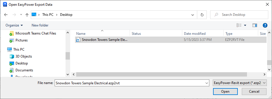 En el cuadro de diálogo Abrir datos de exportación de EasyPower, se muestra el archivo de muestra seleccionado.
