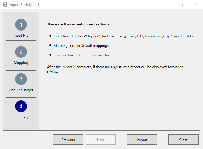 Se muestra el cuadro de diálogo Importar modelo de Revit. Se muestra la pestaña Resumen.
